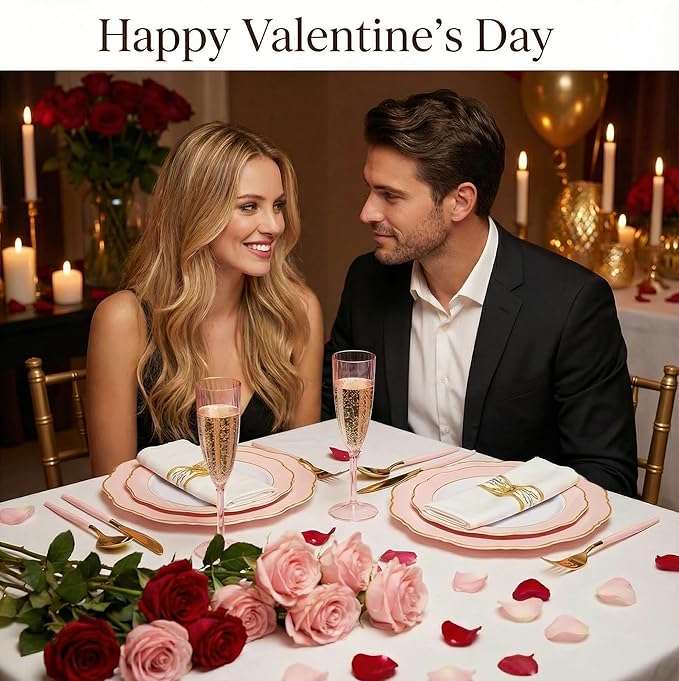 WDF 30Guest Pink Plates Disposable - Hign-end Baroque Design - Gold Plastic Silverware with Handle-Baroque Pink &Gold Plastic Dinnerware for Valentine's Day/Wedding