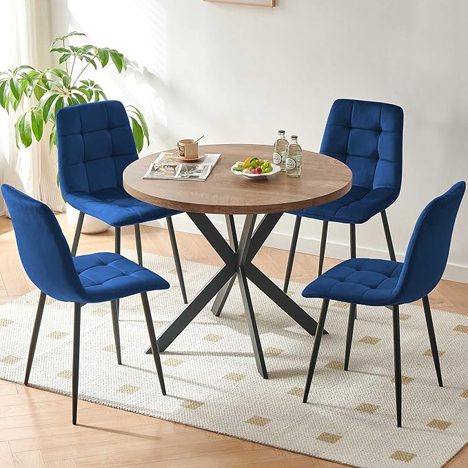 Kitchen Table Set for 4, Modern MDF Round Dining Table Set with 4 Navy Blue Dining Chairs, Upholstered Velvet Home Kitchen Chairs Armless for Space Saving
