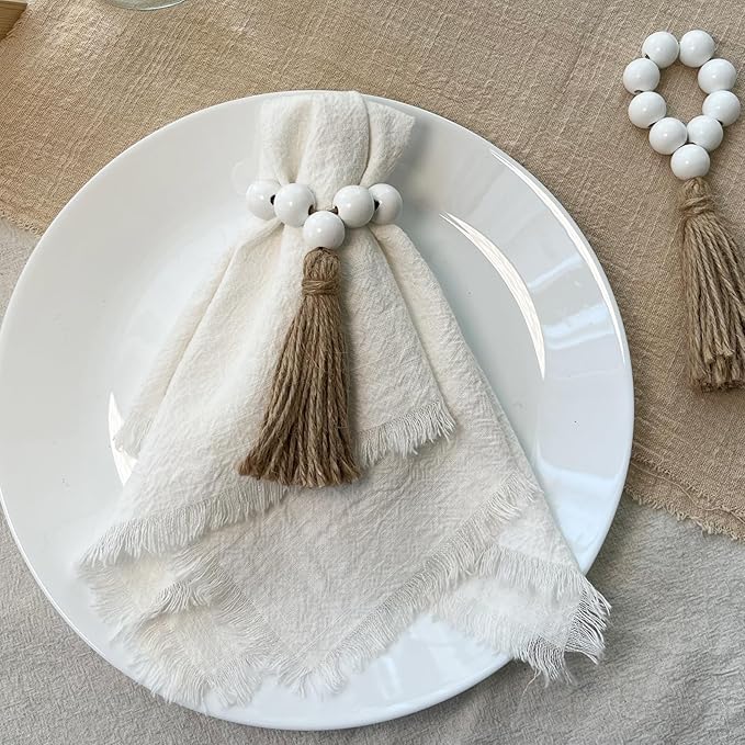 Napkin Rings Set of 12,Wooden Napkin Ring,Wood Bead Elastic Farmhouse Napkin Holder with Tassel,Boho Napkin Rings for Table Decor,Weeding,Dinner,Party (White)