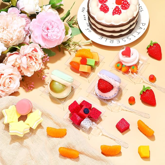 300 Pcs Mini Clear Dessert Plate Small Square Plastic Appetizer Plate with 300 Tasting Spoon Disposable 1 oz 2.4x2.4 Inch Party BBQ Wedding Picnic Party Travel Events Microwavable(Elegant)