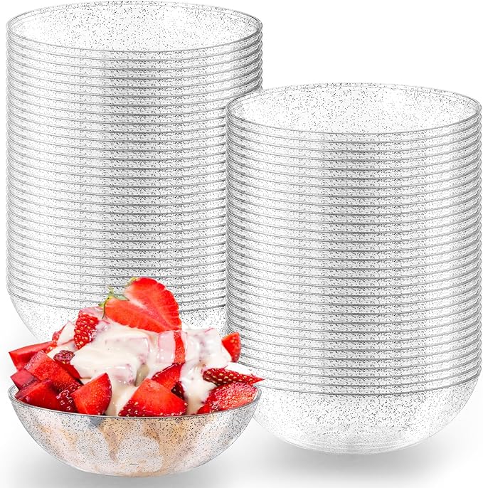 Gerrii 100 Pack Gold Glitter Plastic Bowls 14oz Disposable Salad Serving Bowls Heavy Duty Clear Dessert Soup Containers for Party, Wedding, Birthday, Dinner and Christmas(Silver)