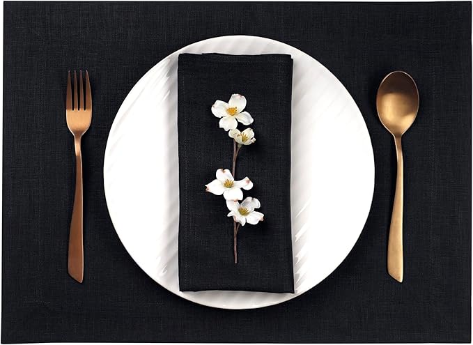 D'Moksha Homes Linen Black Placemats Set of 4-100% Pure Linen Placemats 14 x 19 Inch for Spring, Easter - Handcrafted and Machine Washable