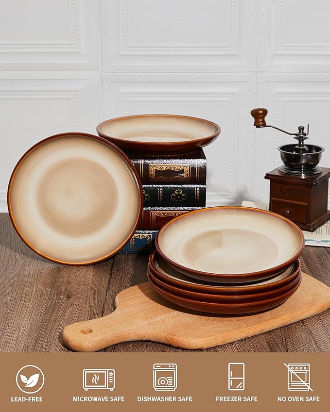 Stoneware Plates Set of 6, 8 Inch Handmade Reactive Glaze Ceramic Set for Dessert, Salad, Appetizer, Small Dinner Plates, Microwave & Dishwasher Safe, Highly Chip and Crack Resistant