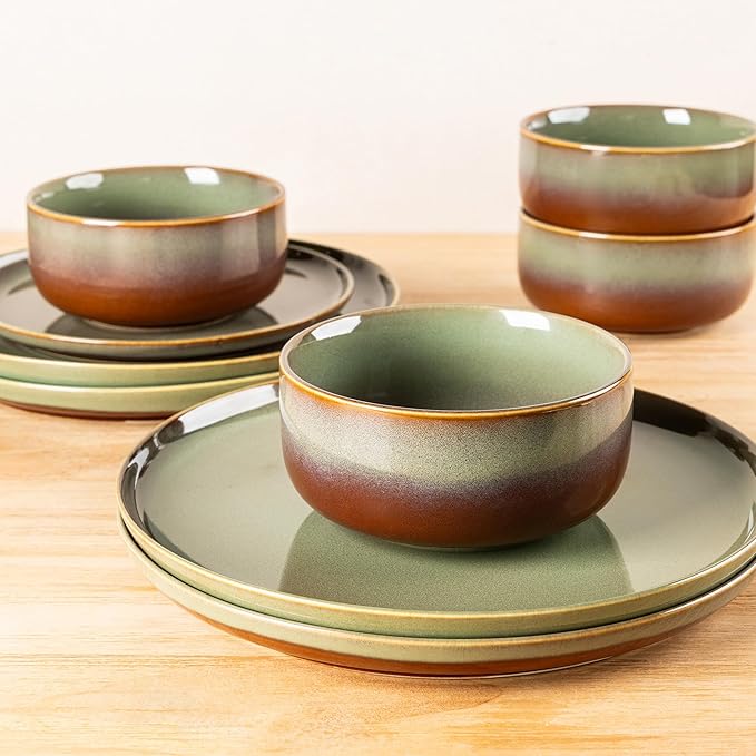 TheTerra Ceramic Dinnerware Sets for 6, 18 Pieces Handmade Reactive Glaze Plates and Bowls Set, Scratch Resistant Dish Set, Oven & Microwave & Dishwasher Safe, Service for 6, Sage Umber
