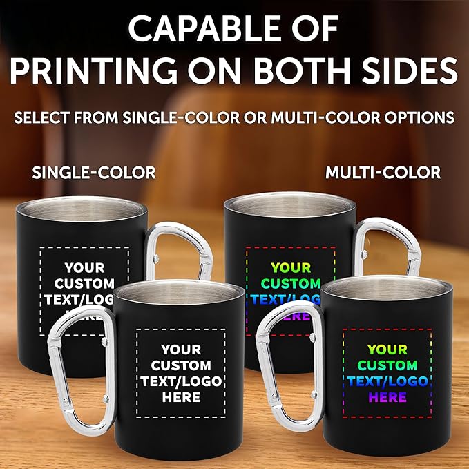 Custom Stainless Steel Mugs with Carabiner Handle 10 oz. Set of 100, Personalized Bulk Pack - Perfect for Coffee, Soda, Other Hot & Cold Beverages - Black