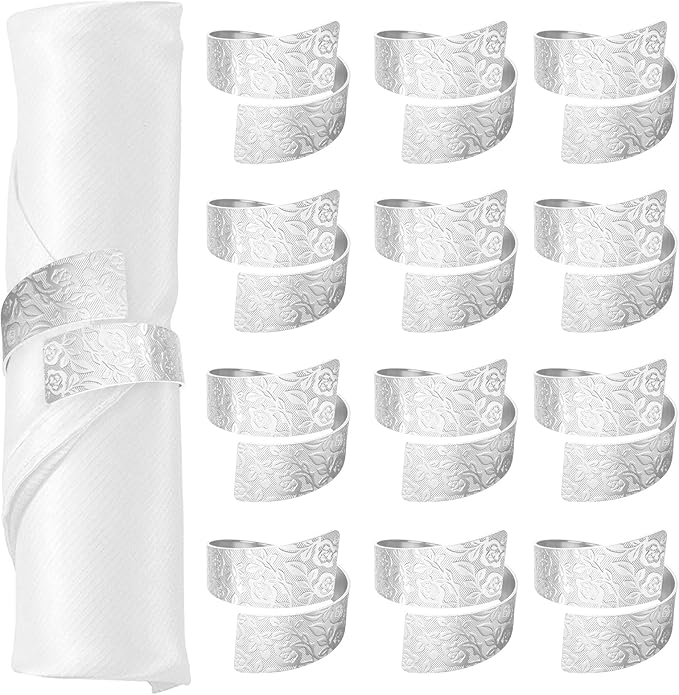 Napkin Rings Set of 12, Irregular-Shaped Metal Napkin Holders with Rose Patterns for Wedding Dining, Holiday Table Decor, Perfect for Home Chefs & Party Planners（Silver）