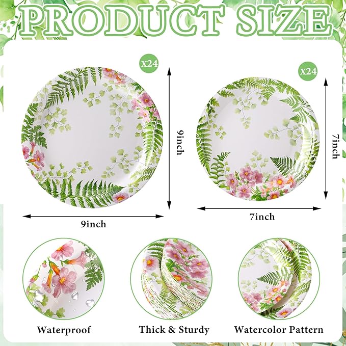 48 Pcs Fern Garden Plates Set Include 9 Inch and 7 Inch Spring Watercolor Disposable Plates Summer Decorative Dinner Birthday Party Tableware for Baby Shower Party Supplies