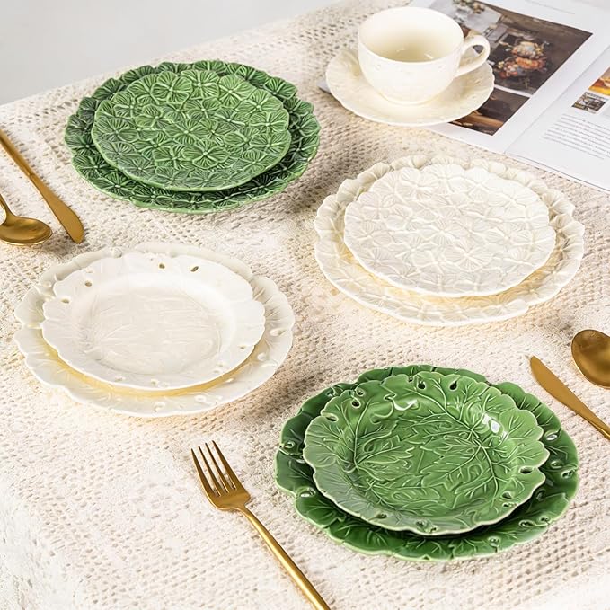 KAMMAK Ceramic Decorative Plate Set of 2, Porcelain Plates for Kitchen Dining Room Wine Cabinet Home Decor, Vintage Collector Plates with 2 Display Stand, Green Flowers (8-inch + 10-inch)