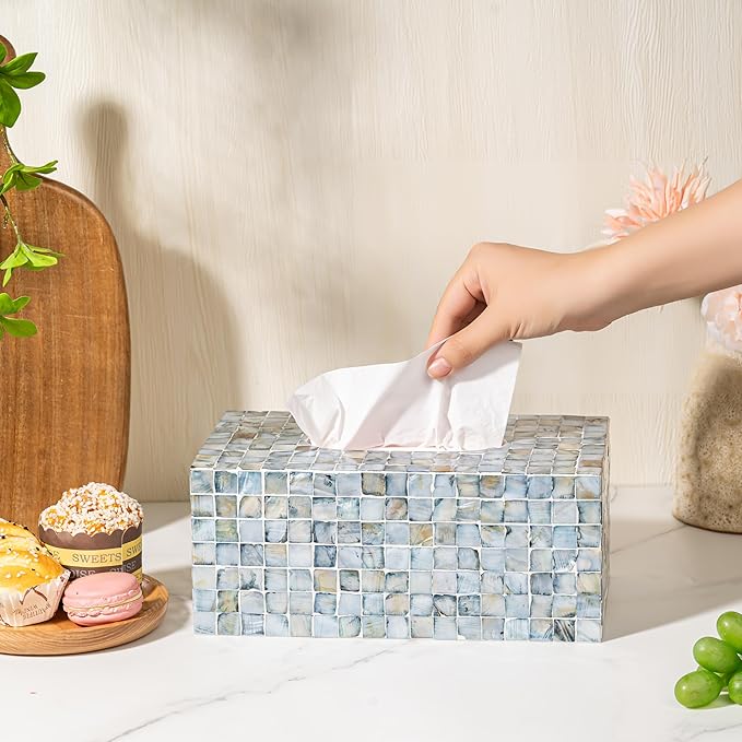 PEMAR Rectangular Mother of Pearl Tissue Box Capiz Shell Handmade Rectangle Tissue Box Cover Holder Decorative Napkin Dispenser Organizer Rustic Farmhouse Vintage Decor (Blue)