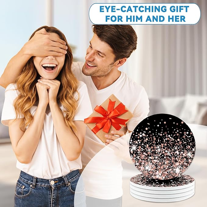 Drinks Coasters Set of 4, Sparkling Rose Gold Glitter Round 4" Cup Coasters, Absorbent Ceramic Stone Coasters with Cork Base, Cute Coasters for Table Home Décor, Ideal Gifts for Women Men