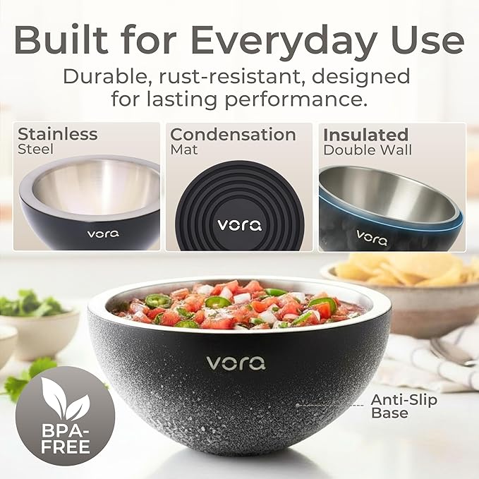 Vora 18oz Dip Chiller Bowl | 2 Pack Black Stainless Steel Chilled Dip Bowl for Dips, Guacamole, Hummus, Salsa | Insulated Serving Dishes with Easiest Water Fill & Refillable Chamber