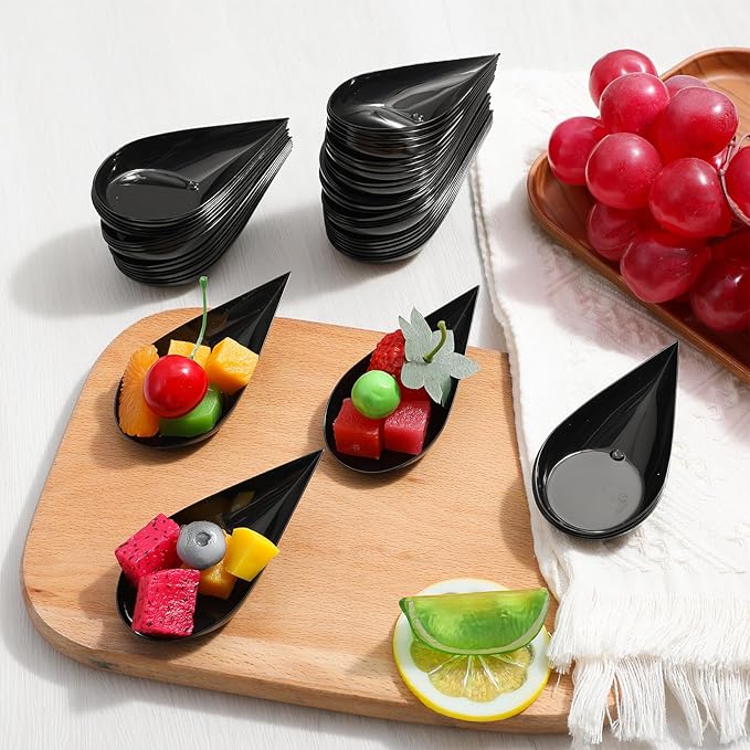 400 Pcs 4" Tear Drop Mini Appetizer Plates, Black Reusable Plastic Mini Appetizer Spoons Small Catering Cakes Tasting Cups Desserts Dishes Serving Plate, for Wedding, Buffet, Party Events