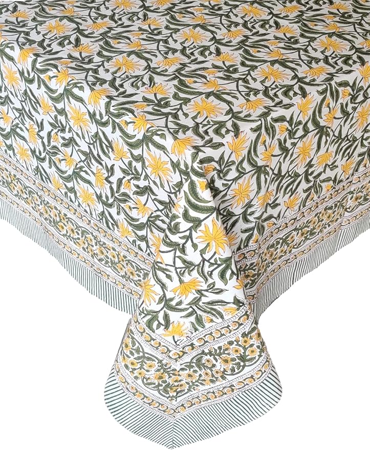 ATOSII Noor 100% Cotton Rectangle Spring Tablecloth, Handblock Floral Print Linen Table Cloth for Kitchen Dining I Parties, Outdoors, Weddings, Easter Holidays I 72 X 120 Inches I 10 Seater