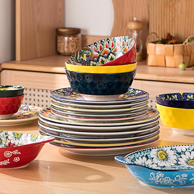 Henten Home Ceramic 12 Pieces Dinnerware Sets, Bohemia Dinner Plates, Soup Bowls, Porcelain Dinnerware Set for 4, Microwave & Dishwasher Safe, Scratch Resistant