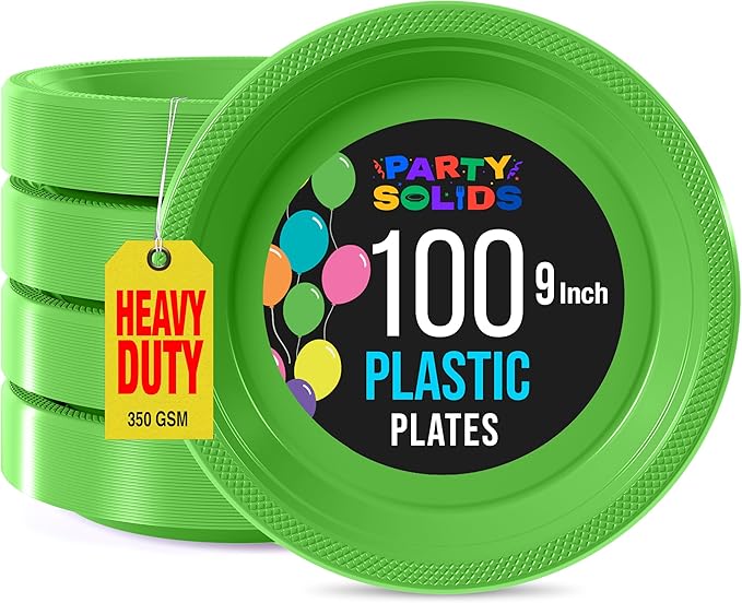 Lime Green Plastic Plates For Party 9" Lime Green Disposable Plates Heavy Duty 100 Pcs Plastic Dinnerware Sets Heavy Duty 350 GSM Disposable Dinnerware Set