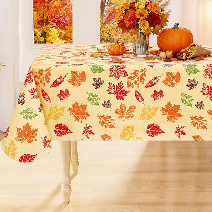 Smiry Fall Rectangle Table Cloth, Waterproof Vinyl Tablecloth with Flannel Backing, Wipeable Autumn Leaves Plastic Tablecloths for Harvest and Thanksgiving Parties, (60"x120", Rust & Yellow)