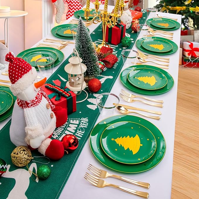 WDF 150pcs Christmas Plates Plastic Disposable - 25 Guests Green Plates with Gold Tree, Clear Gold Cups, Perfect for Christmas Parties