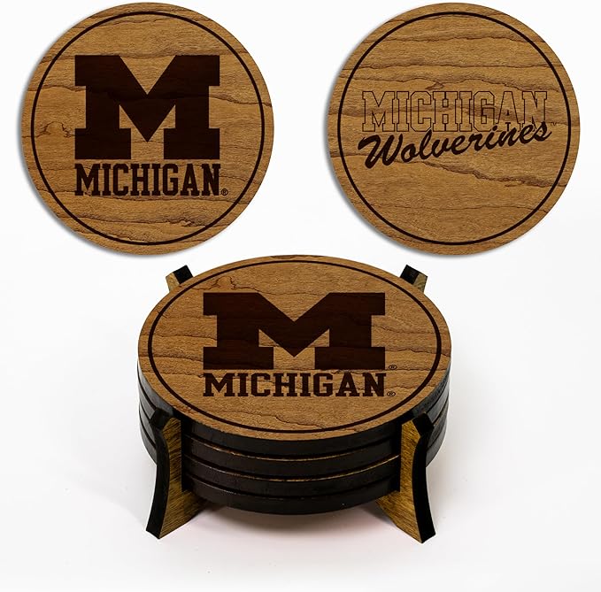 LazerEdge University of Michigan Wolverines Wooden Coaster Set - Maple Wood - Officially Licensed Product - 4-Pack
