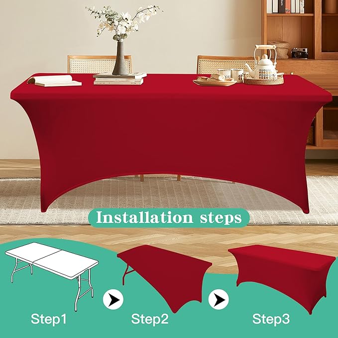2Pack 6FT Table Cloth for Rectangular Fitted Events Stretch Red Table Covers Washable Spandex Tablecloth Protector for Party, Wedding, Cocktail, Banquet, Festival