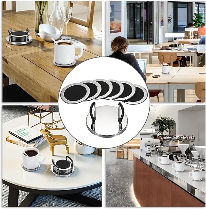 JUXYES Set of 6 Stainless Steel Round Coasters with Holder & Sponge Bottom, Silver Black Metal Cup Coasters Set Stunning Cool Coaster Cups Mats Decor for Restaurant Kitchen bar Dining Table