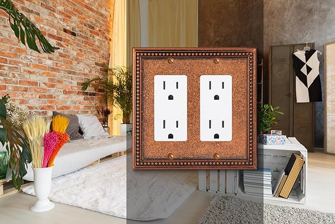 Henne Bery Raised Pearls Decorative Wall Plate Switch Plate Outlet Cover (Double Decorator, Sponged Copper)