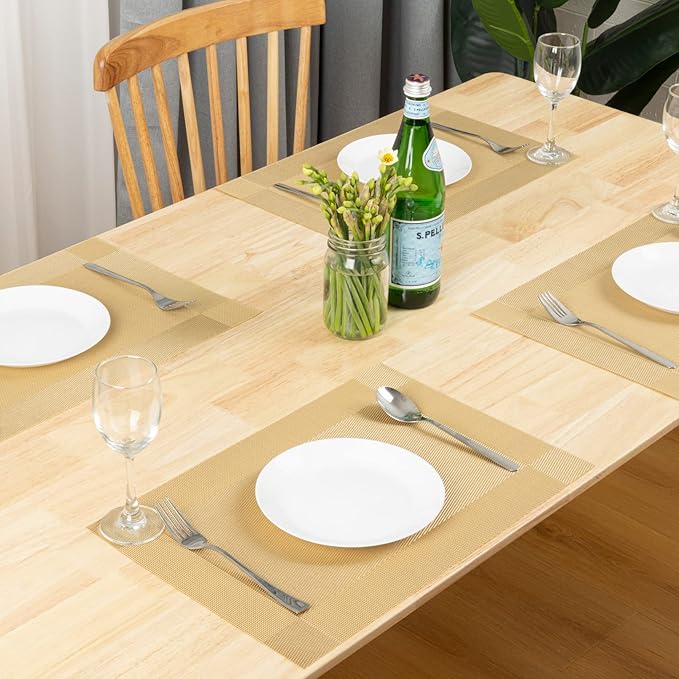 Winknowl Placemats Set of 4, Washable Vinyl Woven Placemats, Heat Resistant & Wipeable Table Mats for Kitchen Dining Table (Golden)