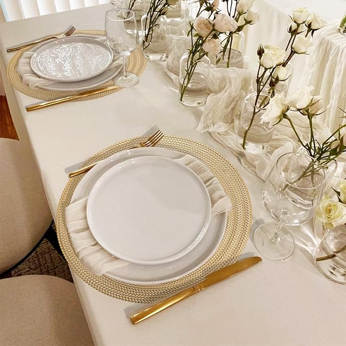 FAVE 12PCS Gold Vinyl Round Placemats, Wheat Sheaf Design 15 Inch Placemats Set of 12 Washable for Dining, Events, Banquet, Home & Daily Use (Gold Wheat,12pcs)