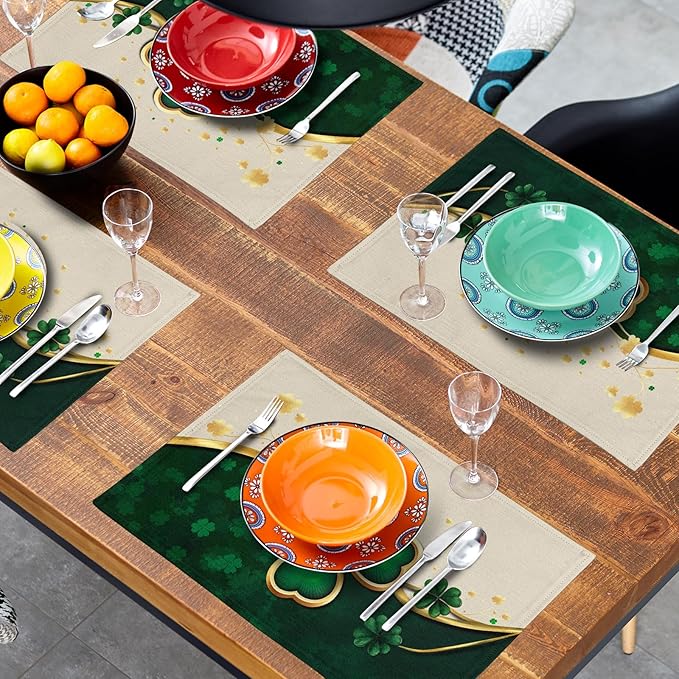 Green Shamrock Placemats - St Patricks Day Place Mats Set of 4 Clover Table Mats 12x18 for Party Dining Table