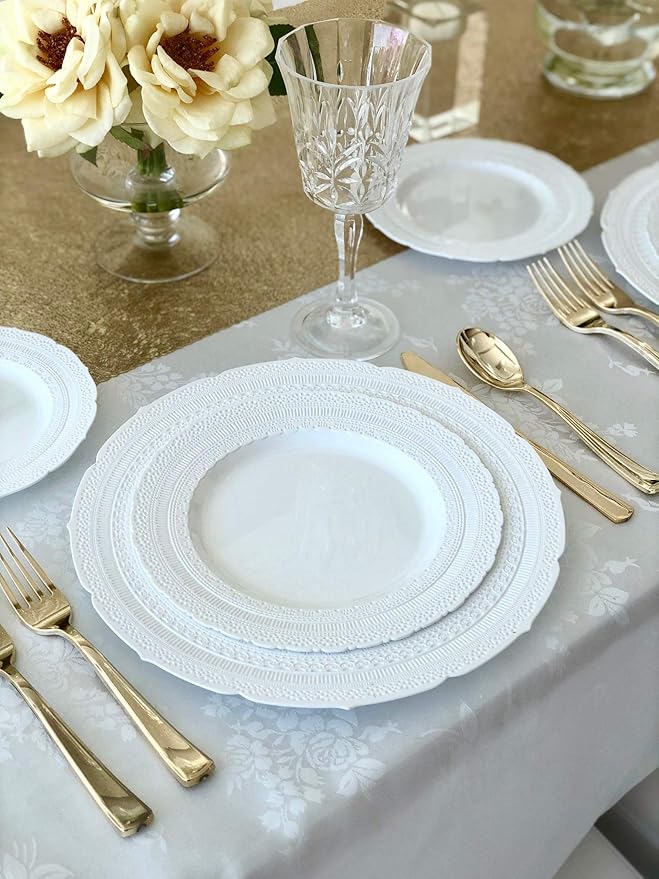 " OCCASIONS " 150pcs set (25 Guests)-Extra Heavyweight Vintage Wedding Disposable/Reusable Plastic Plates (25 x 11'' + 25 x 8.25'') +Silverware (Chateau Collection in White)