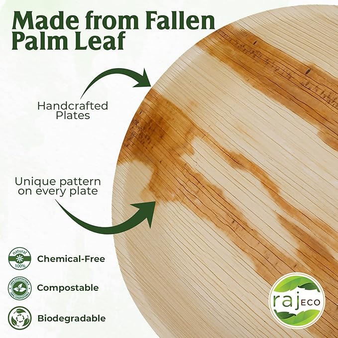 Raj Palm Leaf Plates [100-Pack] 10" Round Plates like Bamboo plates Disposable, Strong, Decorative Compostable Tableware for wedding, Lunch, Dinner, Birthday, Camping, Outdoor BBQ, Picnic…