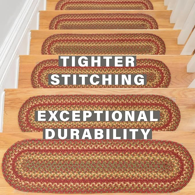Homespice Cider Barn Jute Braided Stair Treads, Country Primitive Decor, Set of 13, Red 8x28 Oval Rug for Stairs - Easy to Clean, Tightly Stitched and Durable