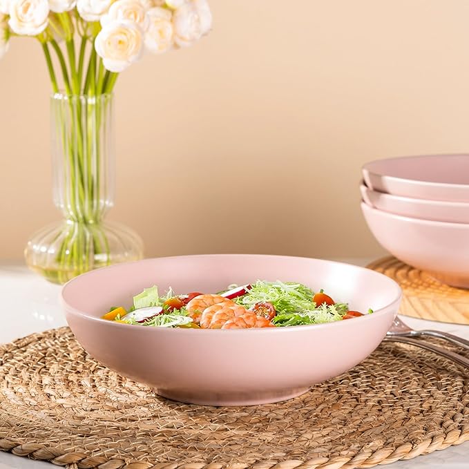 AmorArc 8.75‘’ Large Pasta Bowls, 42 ounce Deep Stoneware Bowls Set of 4 for Kitchen, Wide Bowl for Pasta/Salad/Fruit/Oatmeal/Soup, Microwave&Dishwasher Safe-Matte Pink