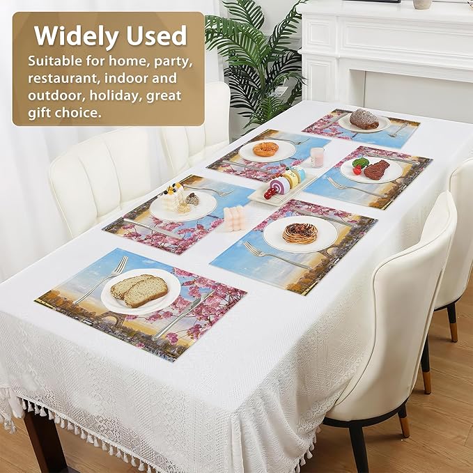 Eiffel Tower Placemats Set of 6 Linen Washable, Heat-Resistant 12x18 Inch Cherry Blossoms Table Place Mats for Kitchen Dining for Home Party Holidays