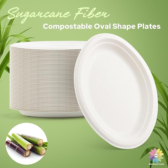 Mat Board Center, 10x7.5 Inch, 500-Count, Compostable Plates, Natural Bagasse (Sugarcane Fiber), Everyday Tableware - Disposable - Oval Shape - Microwave-Safe - Gluten-Free - Eco-Friendly