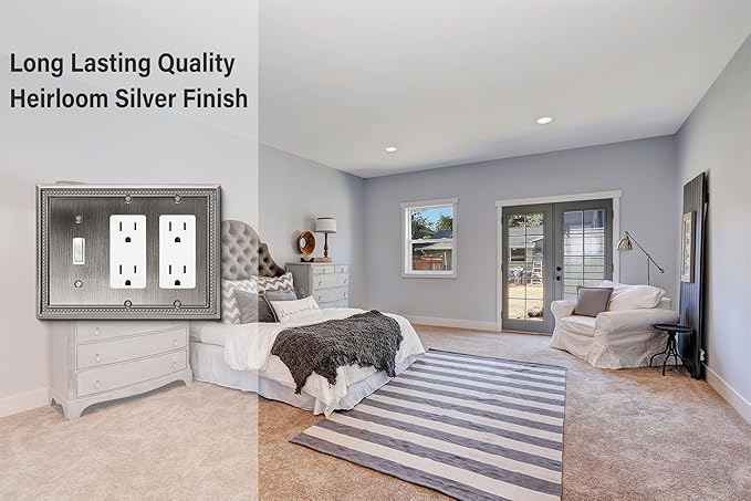 Henne Bery Sunken Pearls Heavy Duty Decorative Wall Plate Switch Plate Outlet Cover (Single Toggle/Double Decorator, Heirloom Silver)
