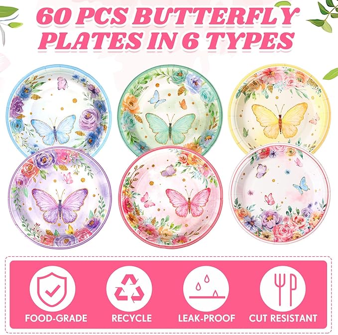 60 Pcs 7 Inch Butterfly Birthday Party Plates Floral Paper Plates Spring Butterfly Party Disposable Dinnerware Decoration for Baby Shower Bridal Wedding Supplies