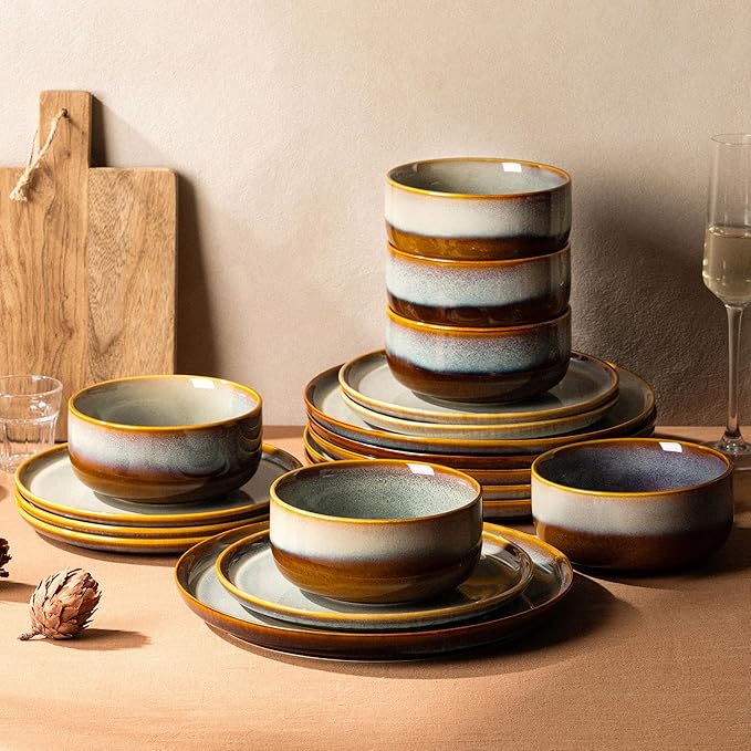 TheTerra Ceramic Dinnerware Sets for 6, 18 Pieces Handmade Reactive Glaze Plates and Bowls Set, Scratch Resistant Dish Set, Oven & Microwave & Dishwasher Safe, Dusk Blue