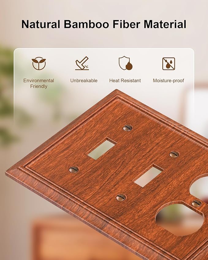 2-Pack Combo Double Toggle/Duplex Outlet Covers, Wood Grain Switch Plates and Outlet Covers, Natural Bamboo Fiber Wall Plates for Electrical Outlets, 3 Gang Receptacle Cover, Corrosion Resistant