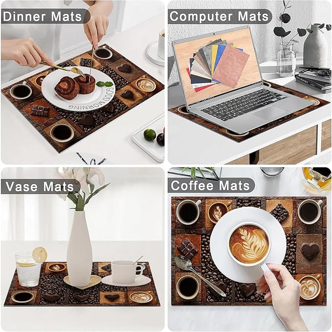 Coffee Placemats Set of 4, Cafe Table Mats, Washable Place Mats for Coffee Bar Home Party Indoor Kitchen Dining Table Decoration 12x18 Inch