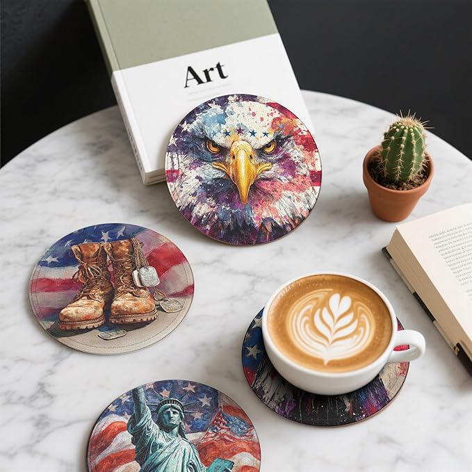 America Coasters Leather Round Drink Coasters 6 Pcs Set with Holderor for Cup Drink Coffee Table Bar Home Decor