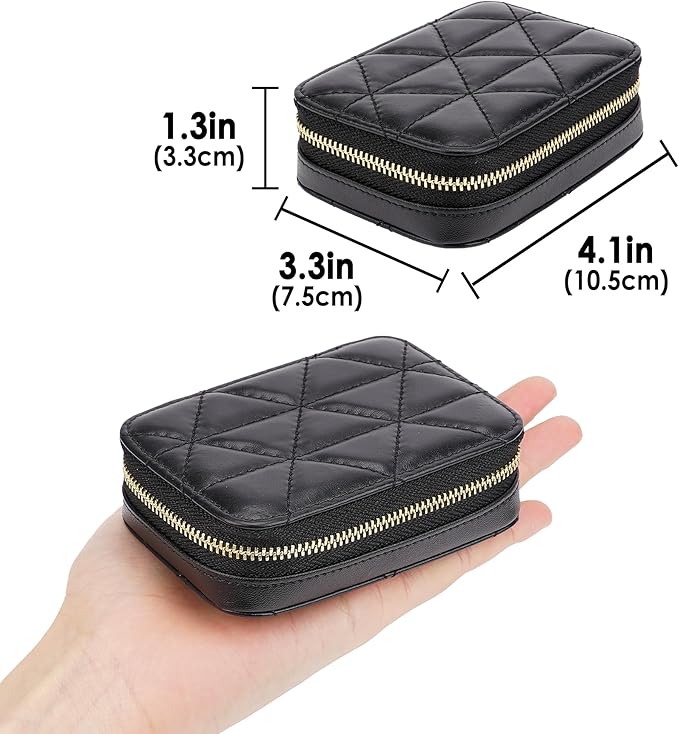 Lipstick Holder with Mirror for Purse, Genuine Leather Makeup Case, Compact Zippered Travel Cosmetic Organizer, Black