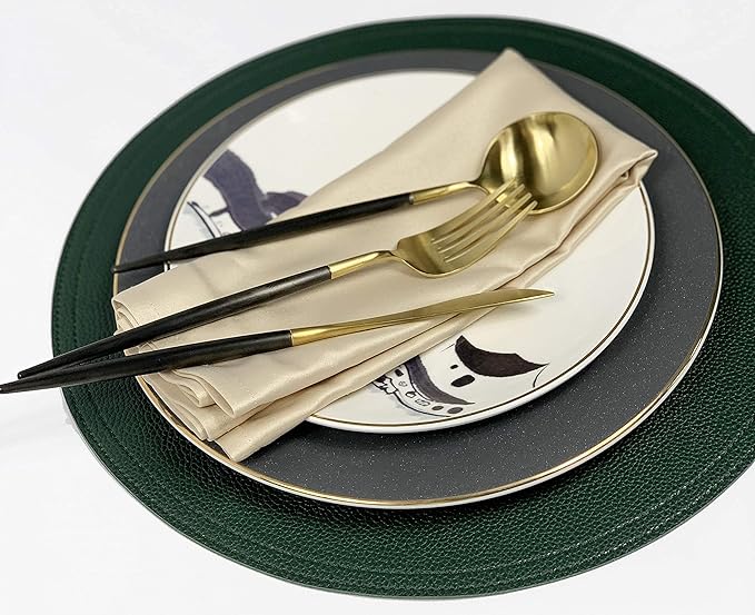 Jovono Faux Leather Round Placemats and Coasters, Wipeable Table Mats, Easy to Clean, Double Stitched for Kitchen Dining Table, Party, Restaurant, Diameter 13'' and 3.9'', Green