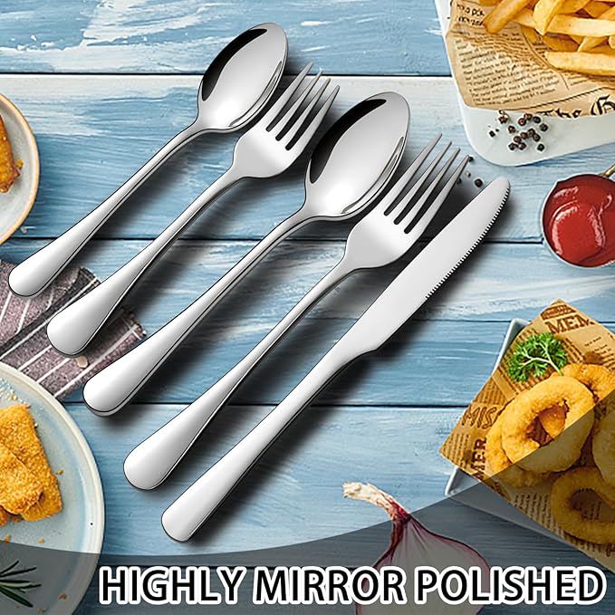 5pcs Stainless Steel Silverware Set, Kitchen Cutlery Set, Mirror Polished Forks Knives and Spoons Set for Home and Restaurant, Rust Resistant Eating Utensil Set