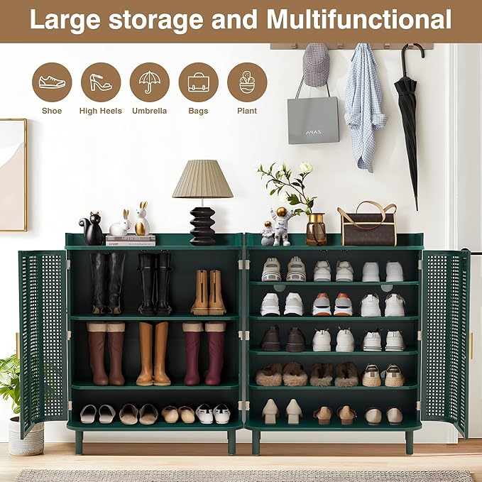 ORRD Shoe Cabinet, 5 Tier Boho Wooden Shoe Storage Organizer Cabinet with Adjustable Shelves, Shoes Rack with Iron Rattan Curved Doors Accent Cabinet for Entryway Hallway Living Room, Green
