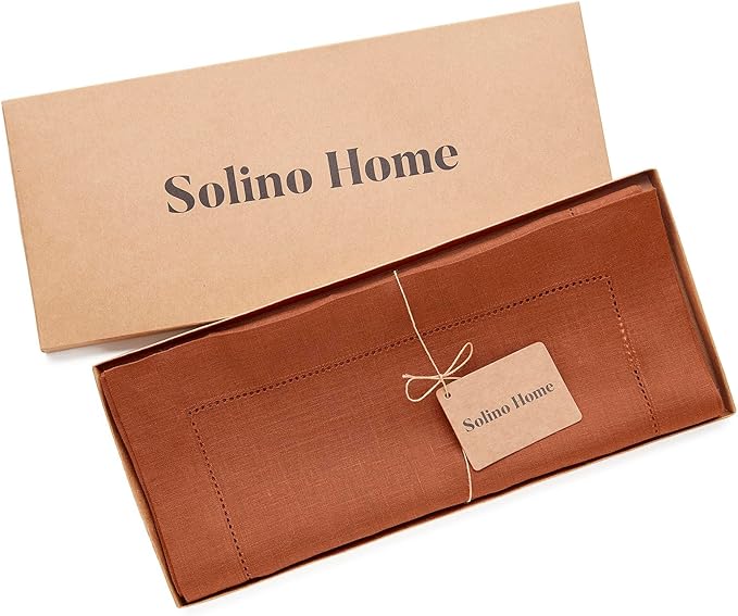 Solino Home Linen Cinnamon Table Runner 90 Inches Long - 100% Pure Linen Hemstitch 14 x 90 Inch Table Runner for Dining, Winter - Classic Hemstitch