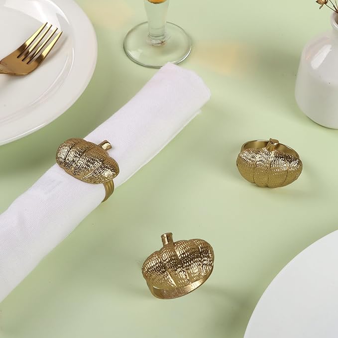 ALPHA Living HOME Set of 12 Pumpkin Napkin Rings Premium Metal Fall Harvest Table Decor Thanksgiving Dinnerware Holders, Autumn & Halloween Table Setting Accessories (Gold)