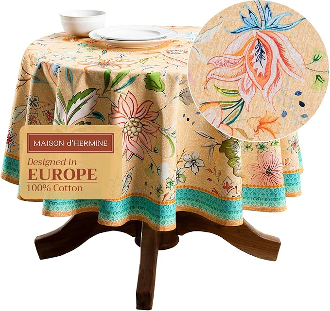 Maison d' Hermine Table Cloth Round Table 100% Cotton 63 Round Inches Tablecloth Reusable Decorative for Dining Room Farmhouse Home Valentines Day Decorations Spring Summer - Luxury Loft - Peach