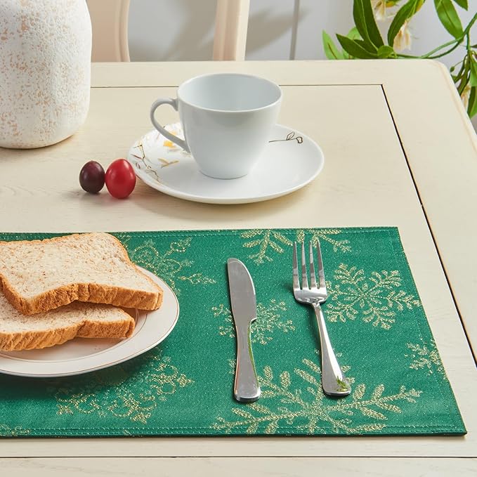 Cloth Place Mats Set of 8–Reusable Rectangular Waterproof Fabric Polyester Washable Wipeable Heat Resistant Jacquard Sparkling Metallic Snowflake for Kitchen Table(Hunter Gold/13x19 Inch)