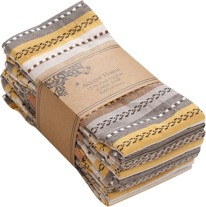 ACCENTHOME 100% Cotton Salsa Stripe Napkin Set of 12 18x18 inch Beige/Mustard Multicolour Dinner Napkins - Washable Soft Premium Hotel Quality Reusable Perfect Table Linen for Family Dinners Wedding