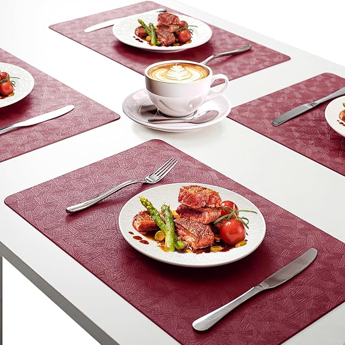 Vinyl Placemats Set of 6 Faux Leather 100% Waterproof Wipeable Washable Place Mats Heat Resistant Easy Clean Non-Slip Table Mats for Indoor Outdoor. (6,Red)